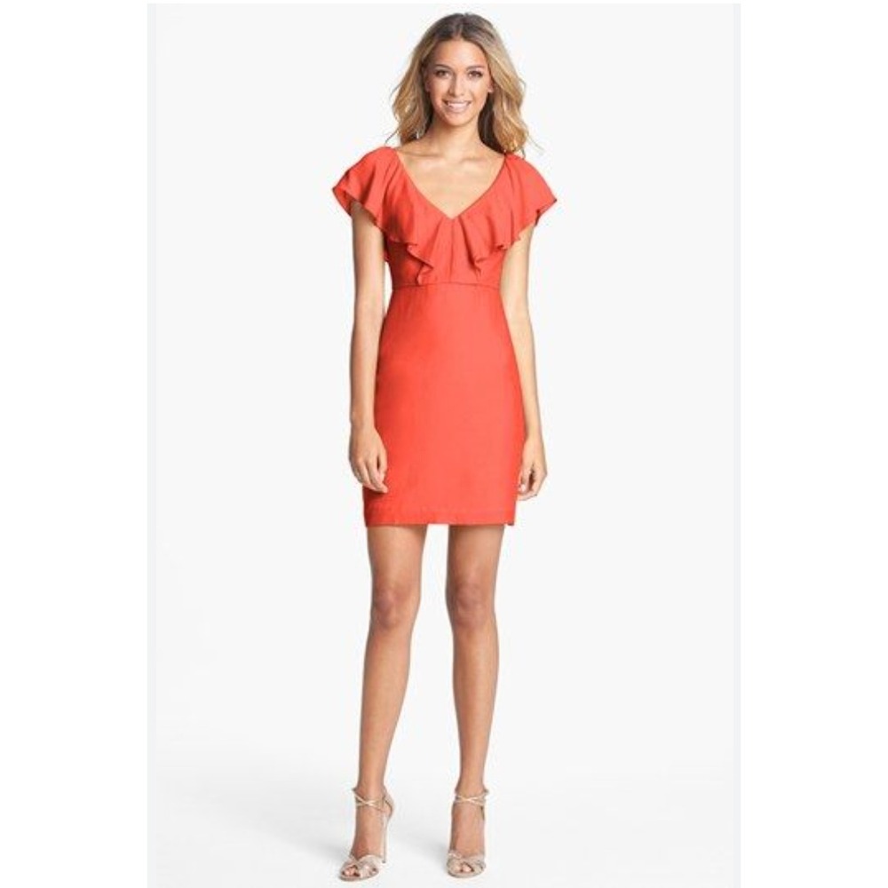 Jenny Yoo Dress Womens 0 Coral Wedding Guest Silk Ruffle Sleeve V-Neck Mini